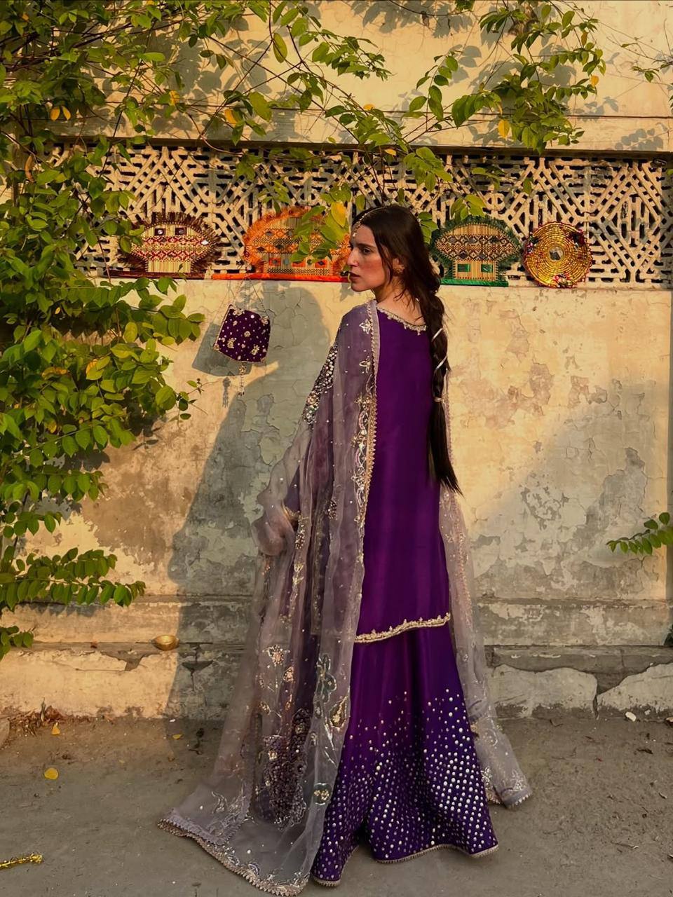 Purple Chinon Sequence Embroidery Palazzo Suit with Organza Dupatta