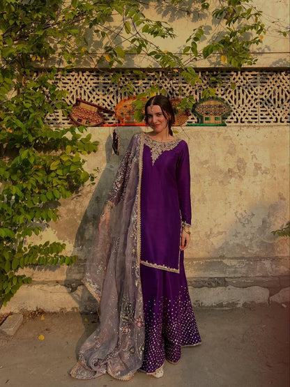 Purple Chinon Sequence Embroidery Palazzo Suit with Organza Dupatta