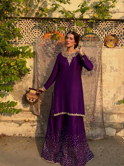 Purple Chinon Sequence Embroidery Palazzo Suit with Organza Dupatta