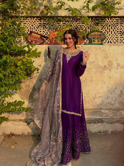 Purple Chinon Sequence Embroidery Palazzo Suit with Organza Dupatta