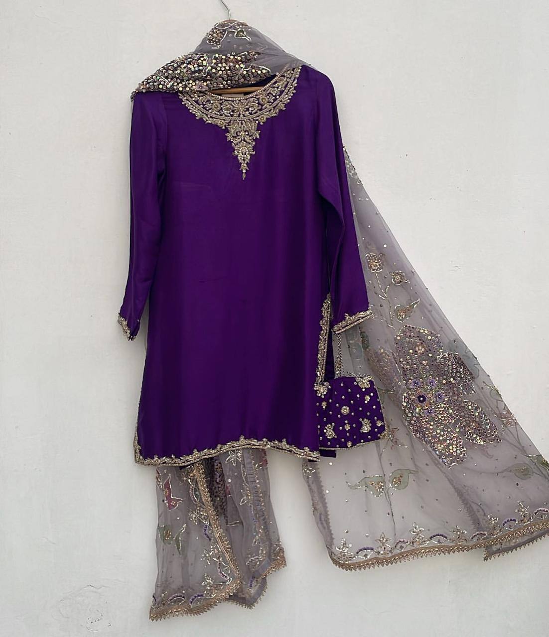 Purple Chinon Sequence Embroidery Palazzo Suit with Organza Dupatta
