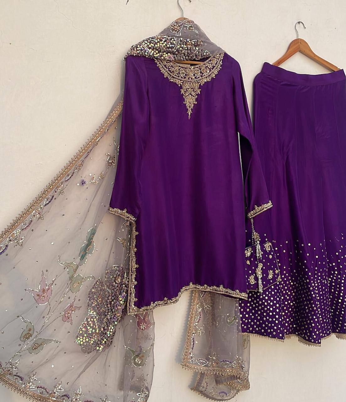 Purple Chinon Sequence Embroidery Palazzo Suit with Organza Dupatta