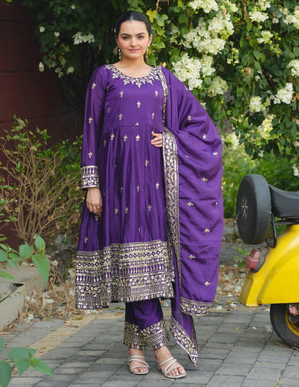 Purple Designer Chinon Gown Set with Heavy Sequins Embroidery