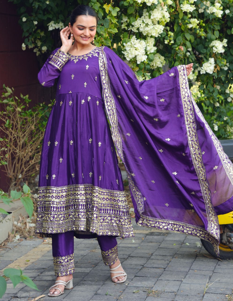 Purple Designer Chinon Gown Set with Heavy Sequins Embroidery