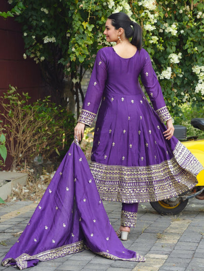 Purple Designer Chinon Gown Set with Heavy Sequins Embroidery