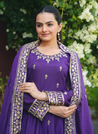 Purple Designer Chinon Gown Set with Heavy Sequins Embroidery