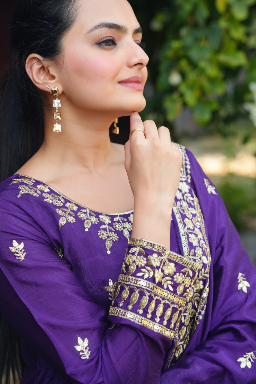 Purple Designer Chinon Gown Set with Heavy Sequins Embroidery