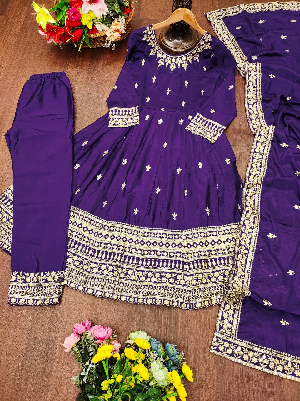 Purple Designer Chinon Gown Set with Heavy Sequins Embroidery