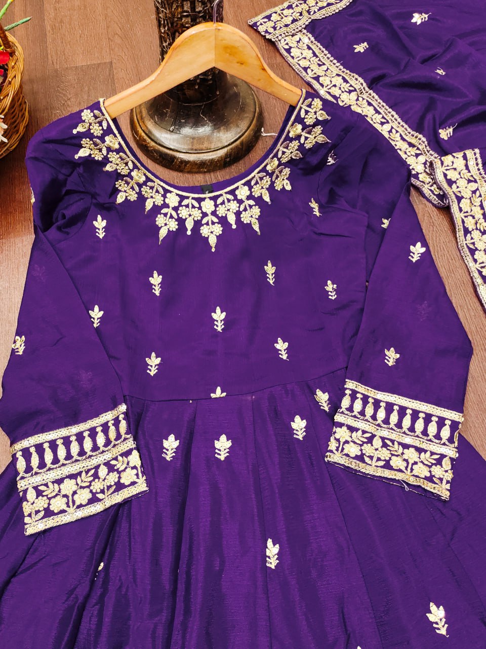 Purple Designer Chinon Gown Set with Heavy Sequins Embroidery