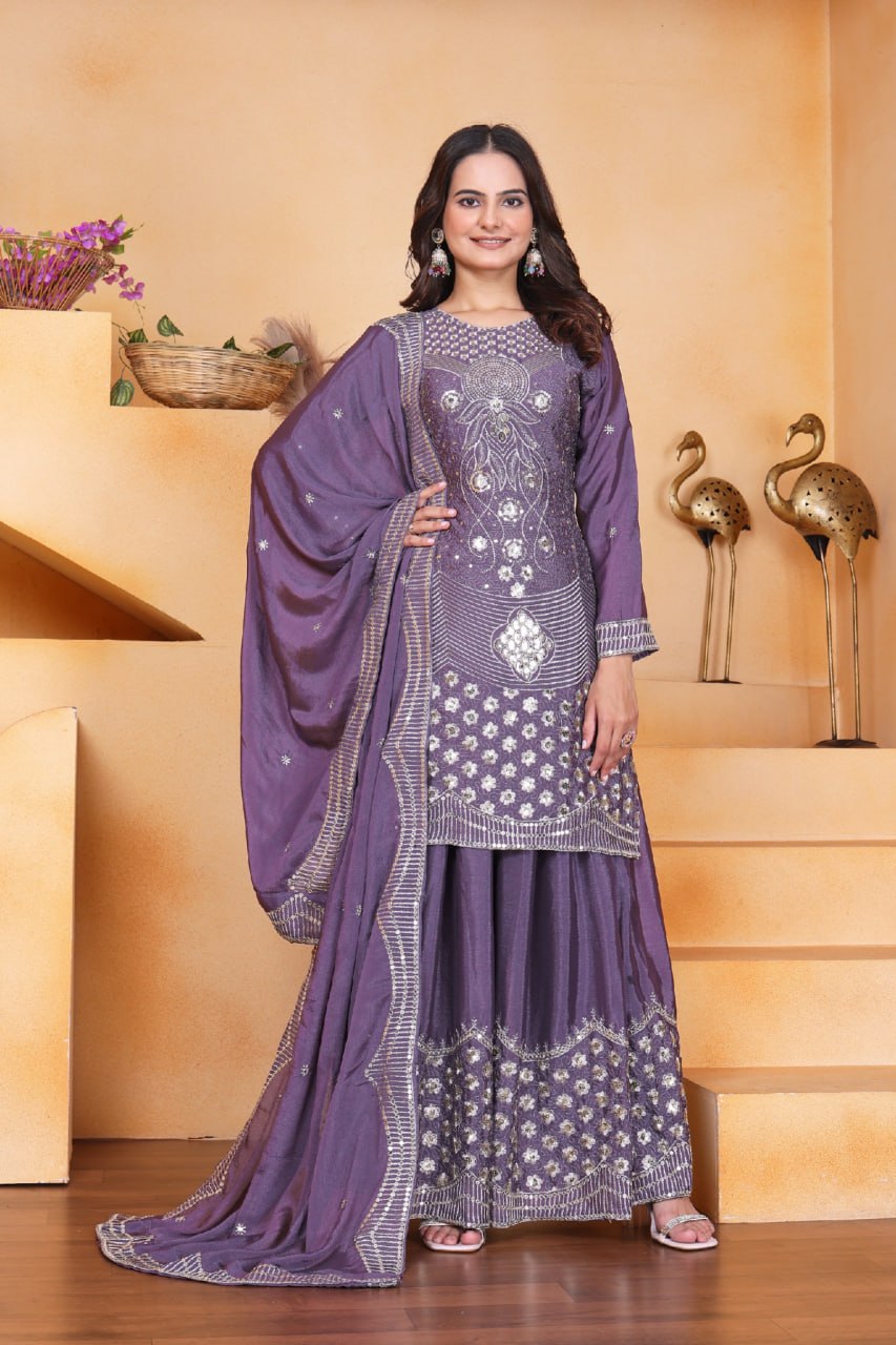 Purple Designer Chinon Sequin Embroidered Sharara Suit Matching Dupatta