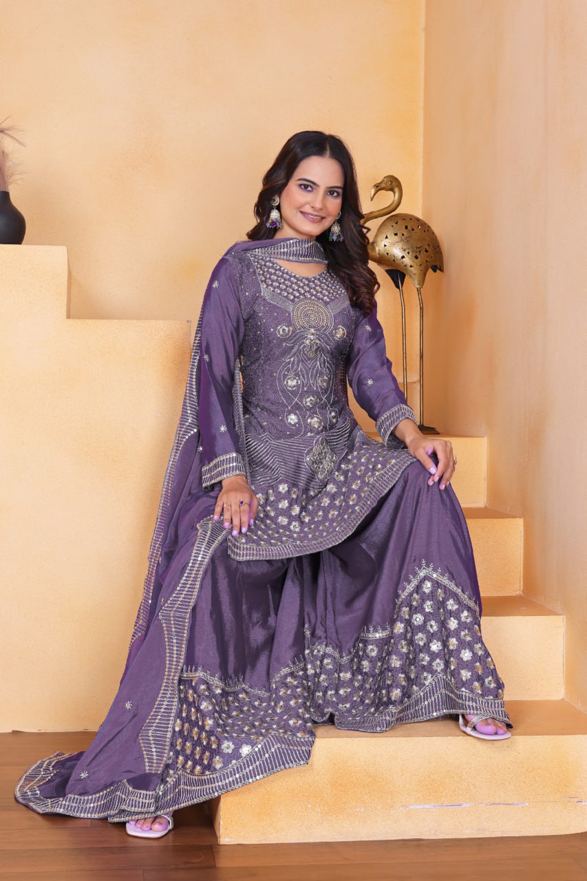 Purple Designer Chinon Sequin Embroidered Sharara Suit Matching Dupatta