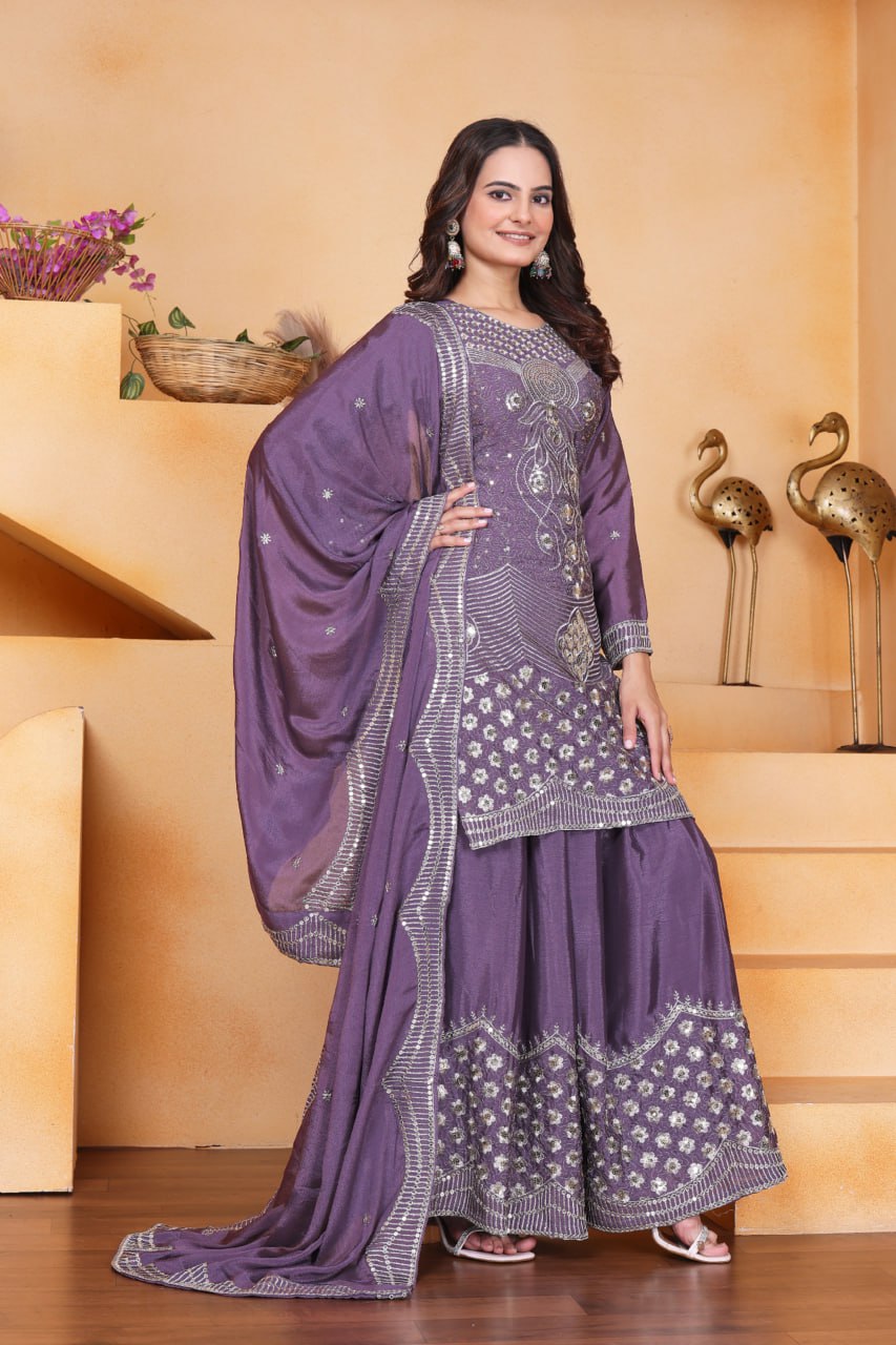 Purple Designer Chinon Sequin Embroidered Sharara Suit Matching Dupatta