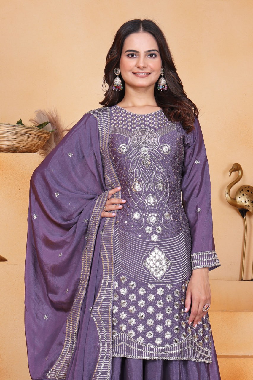 Purple Designer Chinon Sequin Embroidered Sharara Suit Matching Dupatta