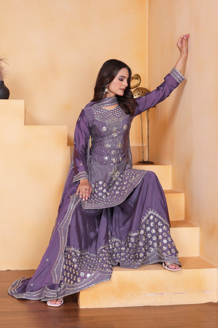 Purple Designer Chinon Sequin Embroidered Sharara Suit Matching Dupatta