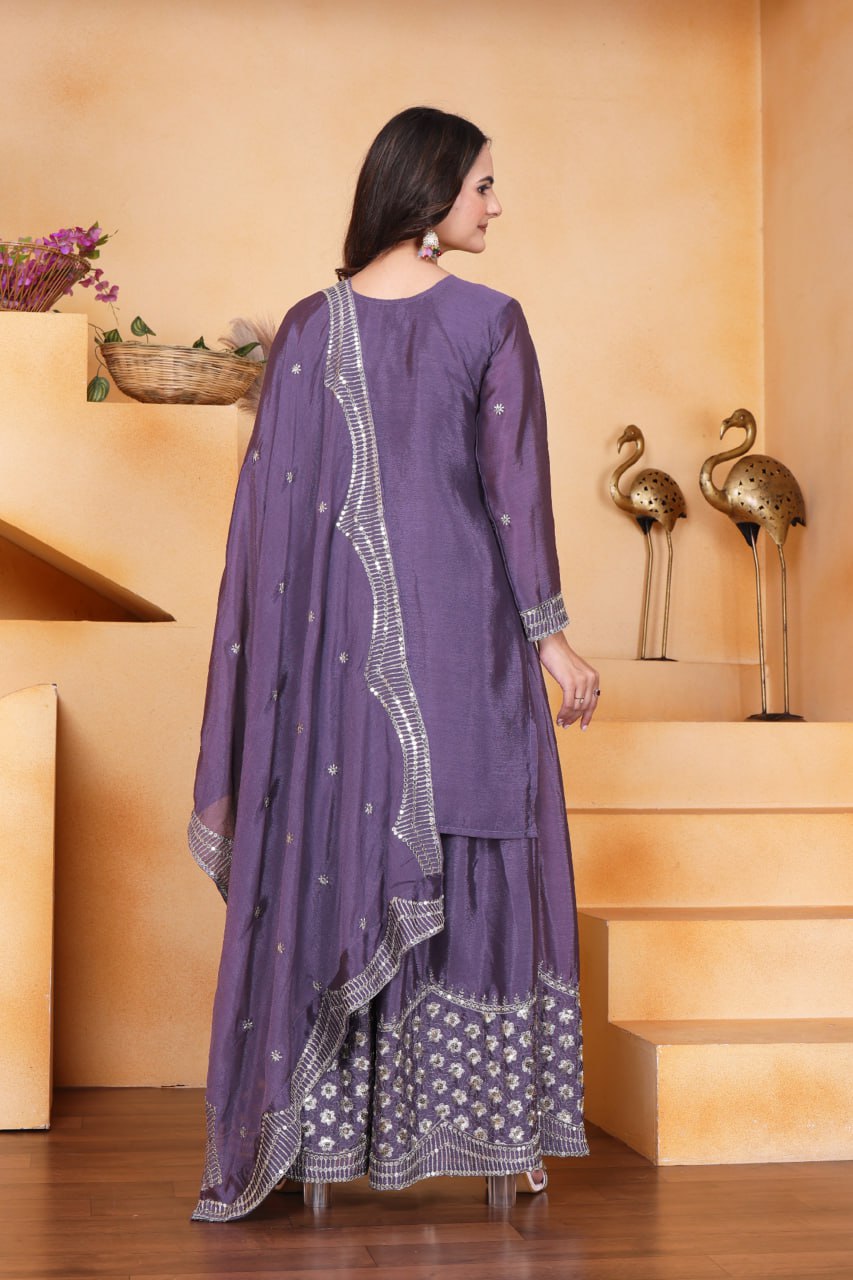 Purple Designer Chinon Sequin Embroidered Sharara Suit Matching Dupatta