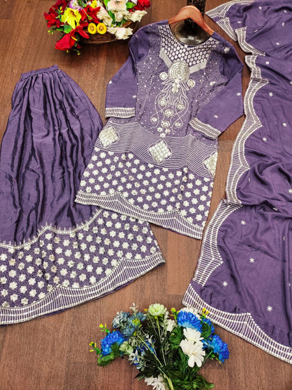 Purple Designer Chinon Sequin Embroidered Sharara Suit Matching Dupatta