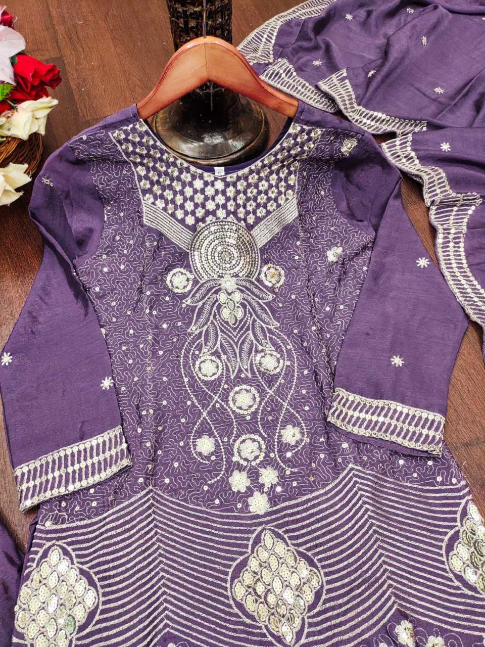 Purple Designer Chinon Sequin Embroidered Sharara Suit Matching Dupatta