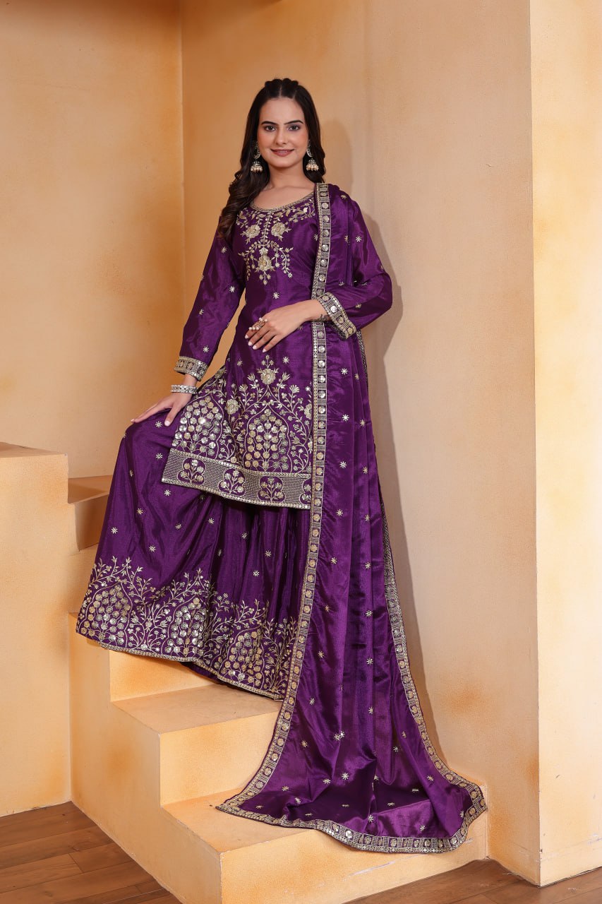 Purple Designer Chinon Sequins Embroidered Sharara Suit Chinon Dupatta