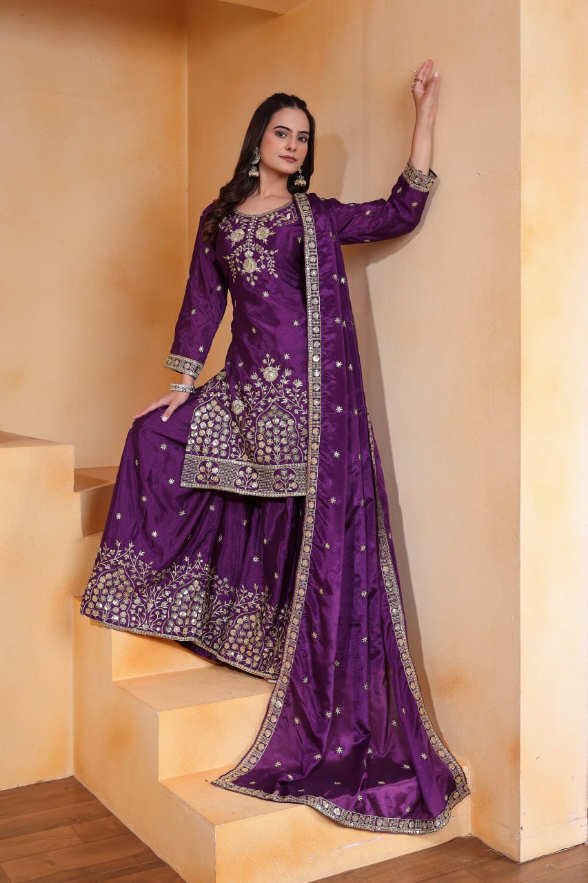 Purple Designer Chinon Sequins Embroidered Sharara Suit Chinon Dupatta