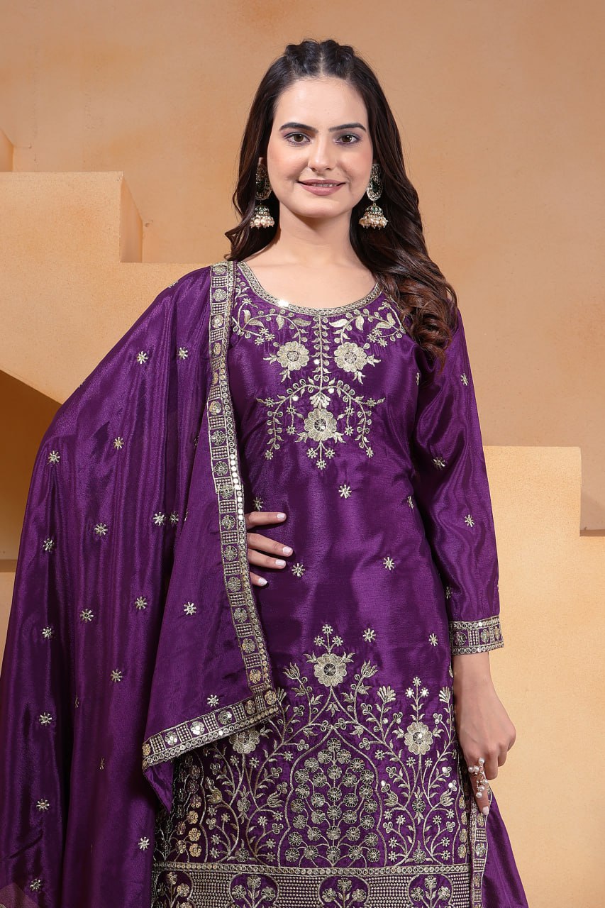 Purple Designer Chinon Sequins Embroidered Sharara Suit Chinon Dupatta
