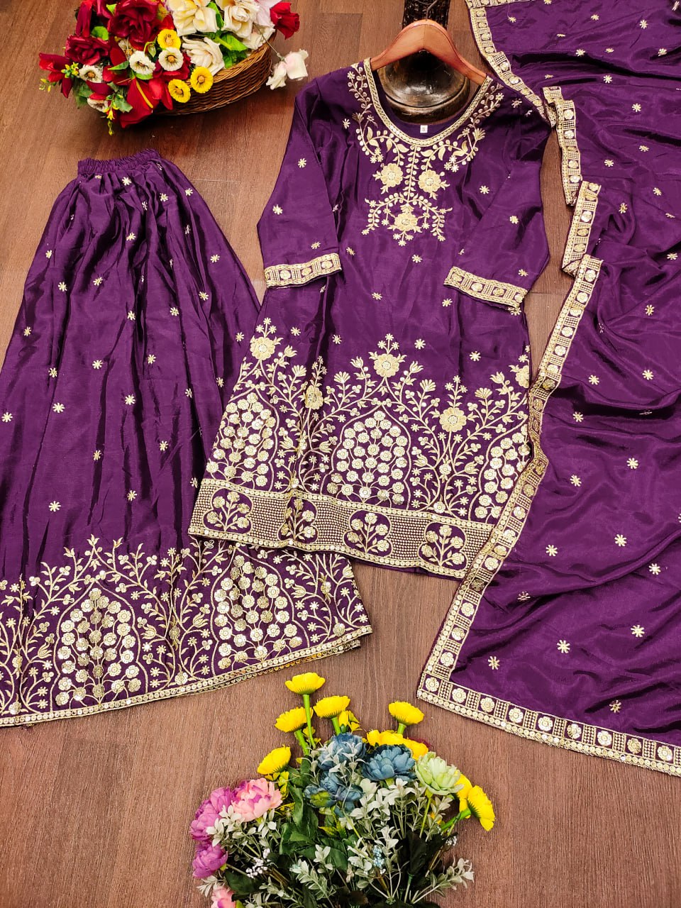 Purple Designer Chinon Sequins Embroidered Sharara Suit Chinon Dupatta