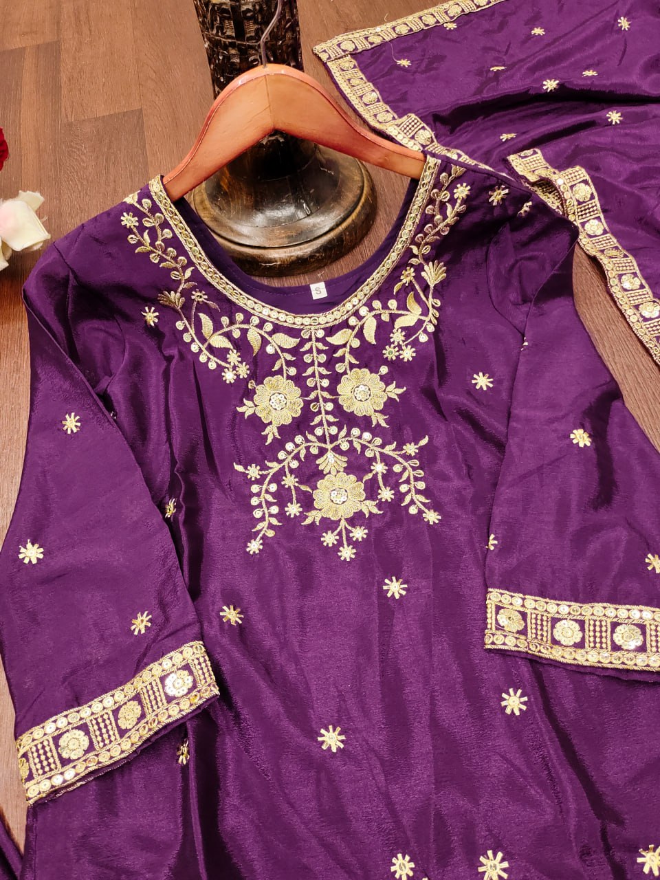Purple Designer Chinon Sequins Embroidered Sharara Suit Chinon Dupatta