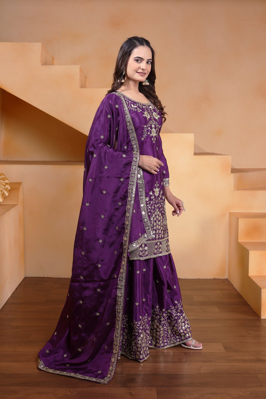 Purple Designer Chinon Sequins Embroidered Sharara Suit Chinon Dupatta