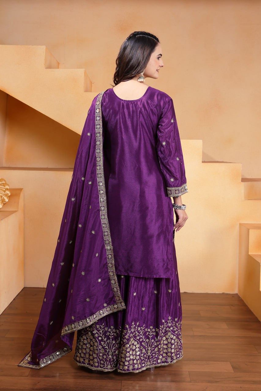 Purple Designer Chinon Sequins Embroidered Sharara Suit Chinon Dupatta
