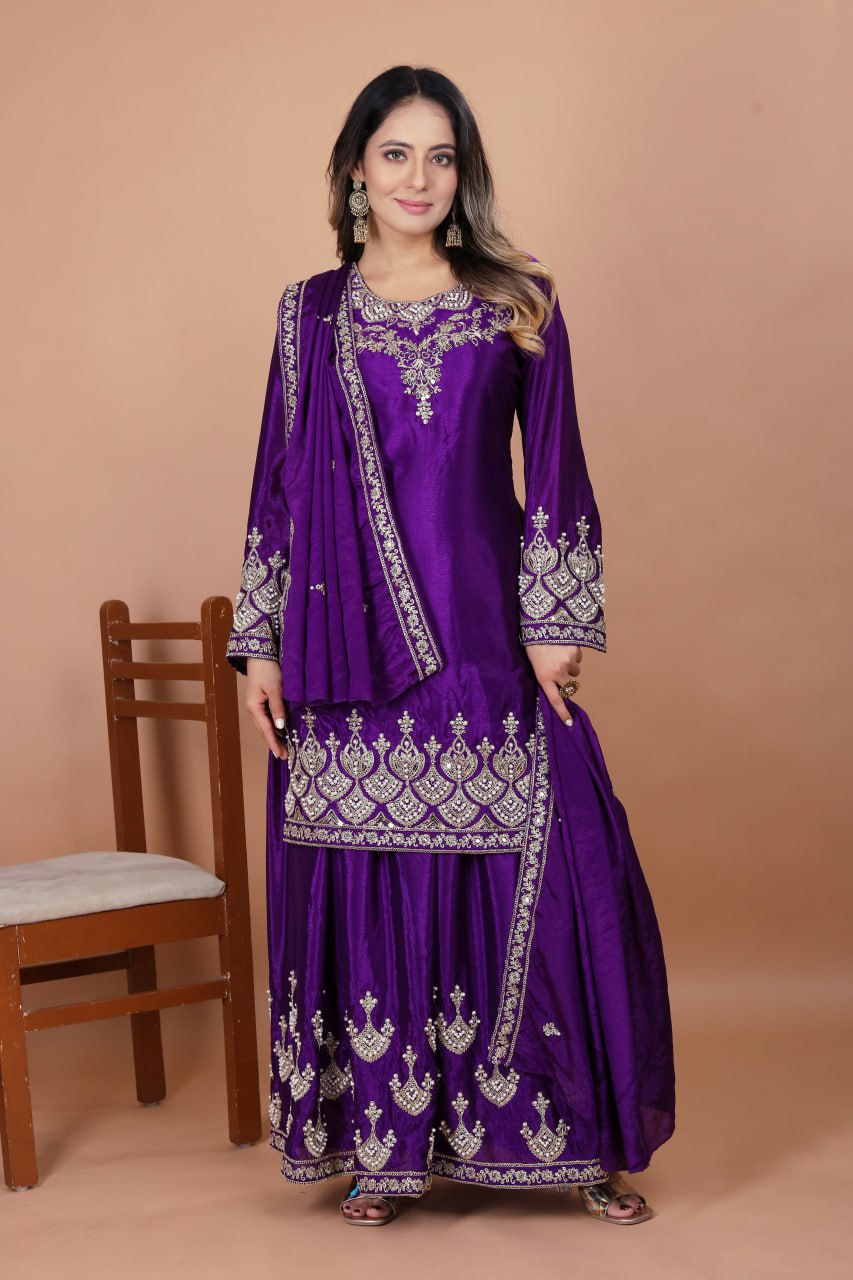 Purple Designer Chinon Sharara Suit with Rivet Moti Embroidery
