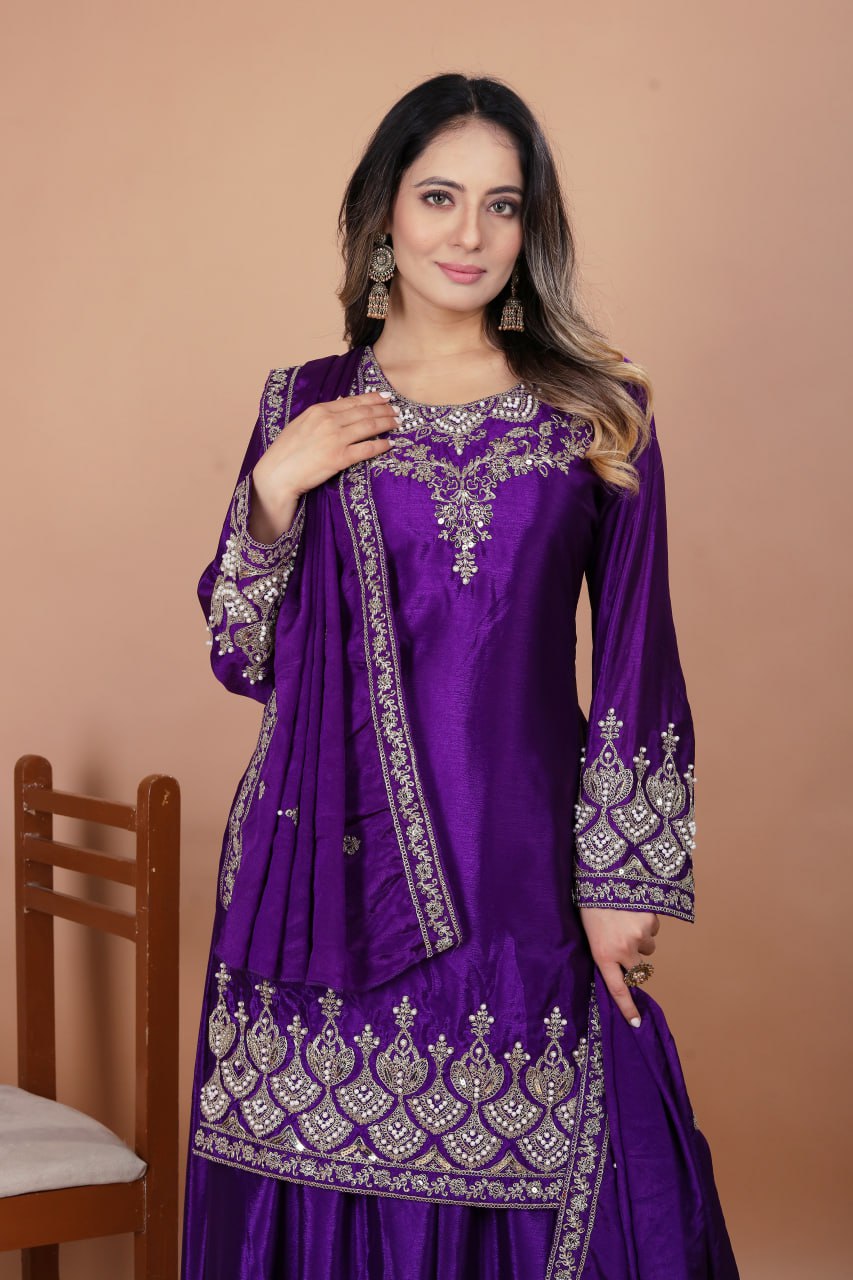 Purple Designer Chinon Sharara Suit with Rivet Moti Embroidery