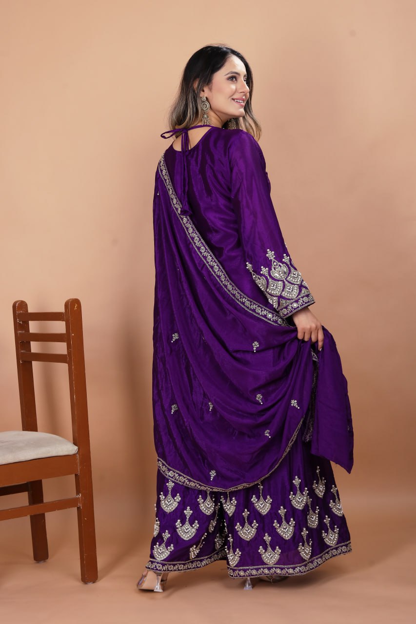 Purple Designer Chinon Sharara Suit with Rivet Moti Embroidery
