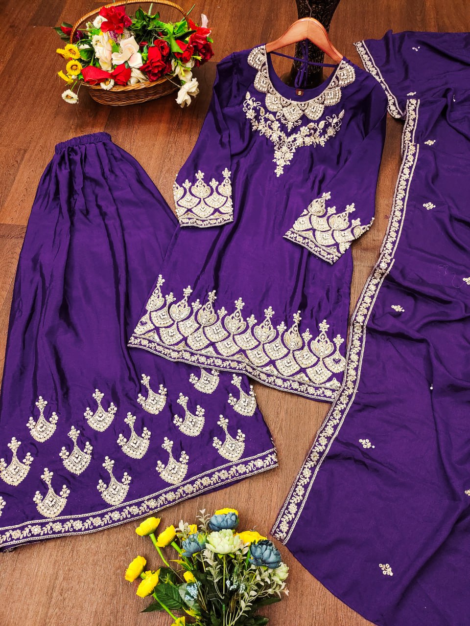Purple Designer Chinon Sharara Suit with Rivet Moti Embroidery