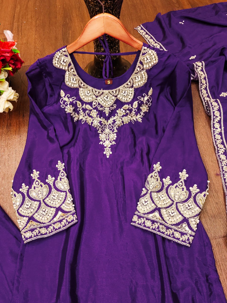 Purple Designer Chinon Sharara Suit with Rivet Moti Embroidery