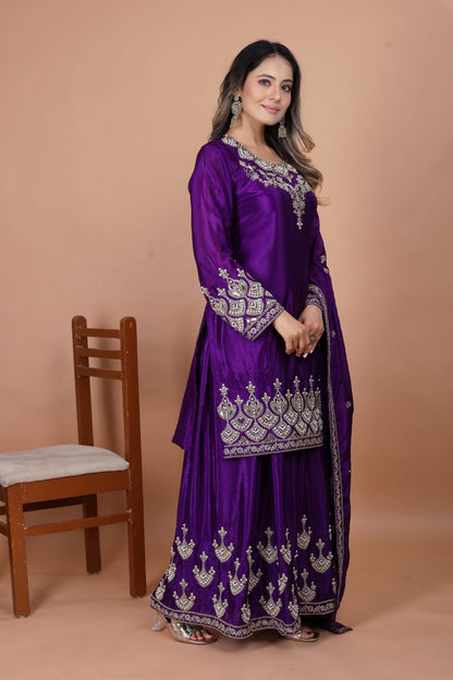 Purple Designer Chinon Sharara Suit with Rivet Moti Embroidery