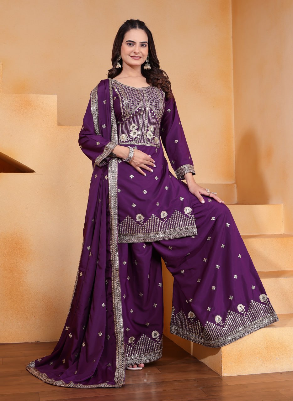 Purple Designer Natural Crepe Sequins Embroidered Sharara Suit