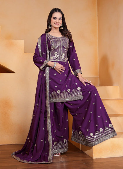Purple Designer Natural Crepe Sequins Embroidered Sharara Suit