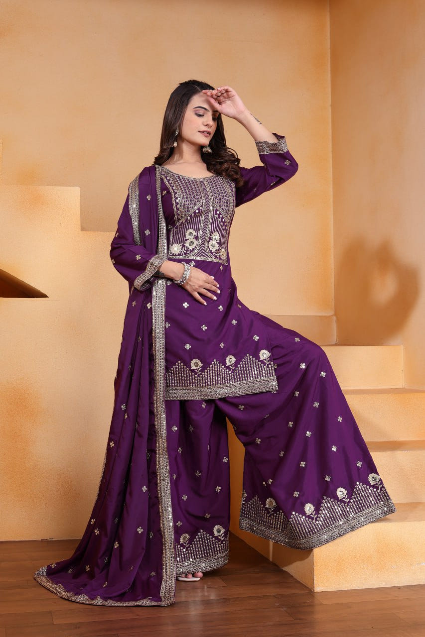 Purple Designer Natural Crepe Sequins Embroidered Sharara Suit