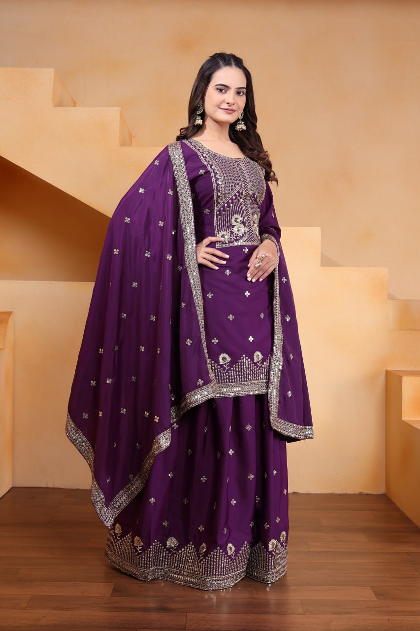 Purple Designer Natural Crepe Sequins Embroidered Sharara Suit
