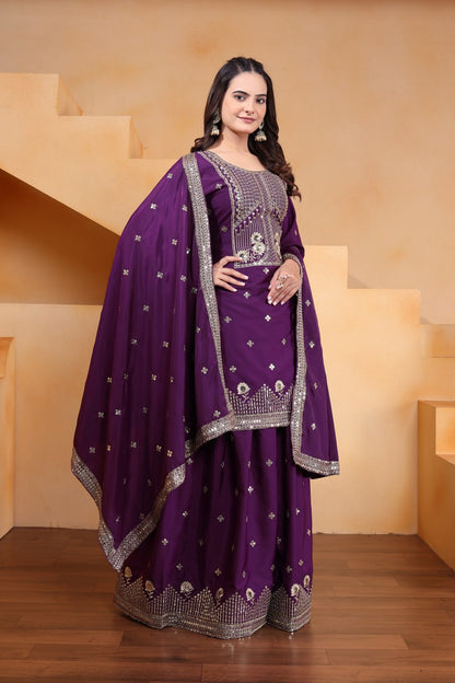 Purple Designer Natural Crepe Sequins Embroidered Sharara Suit