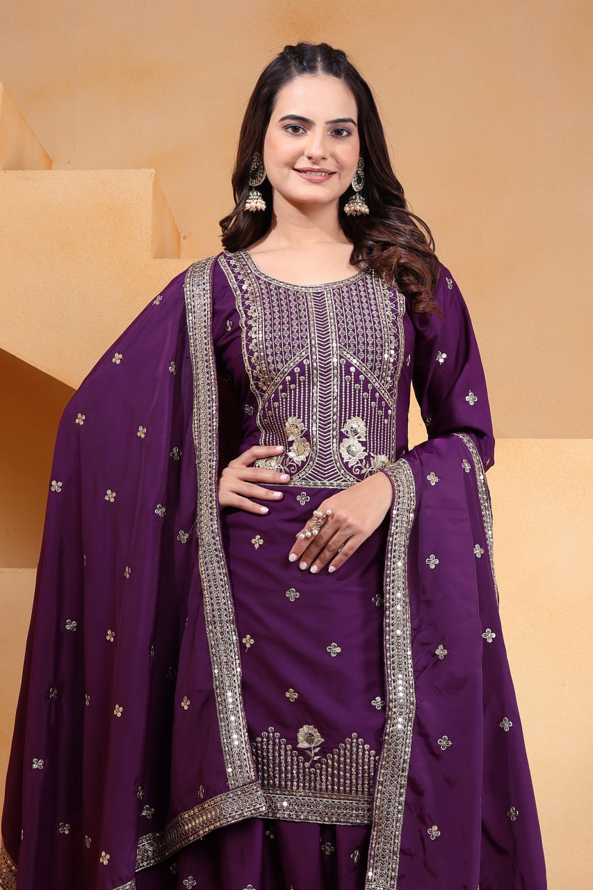 Purple Designer Natural Crepe Sequins Embroidered Sharara Suit