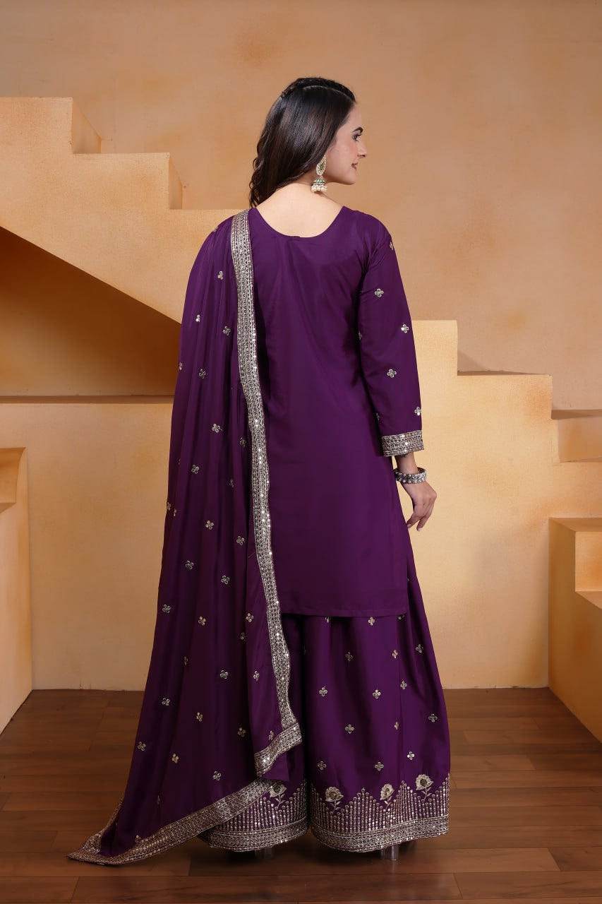 Purple Designer Natural Crepe Sequins Embroidered Sharara Suit