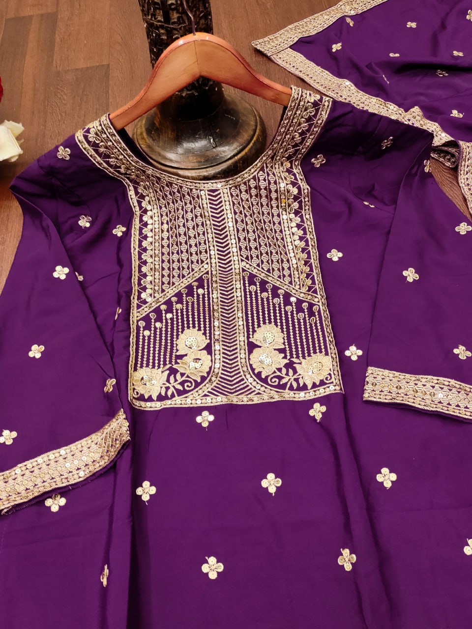 Purple Designer Natural Crepe Sequins Embroidered Sharara Suit