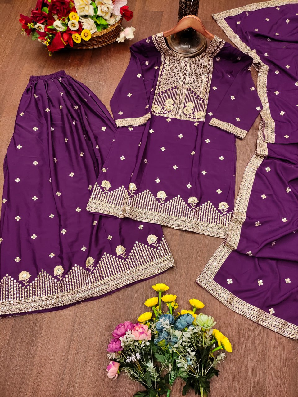 Purple Designer Natural Crepe Sequins Embroidered Sharara Suit