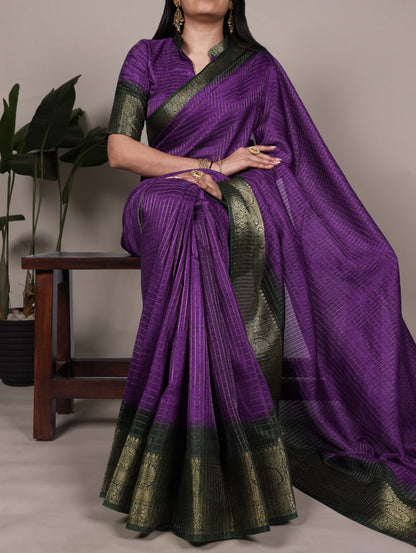 Purple Elegant Dola Chex Zari Weaving Saree with Matching Blouse