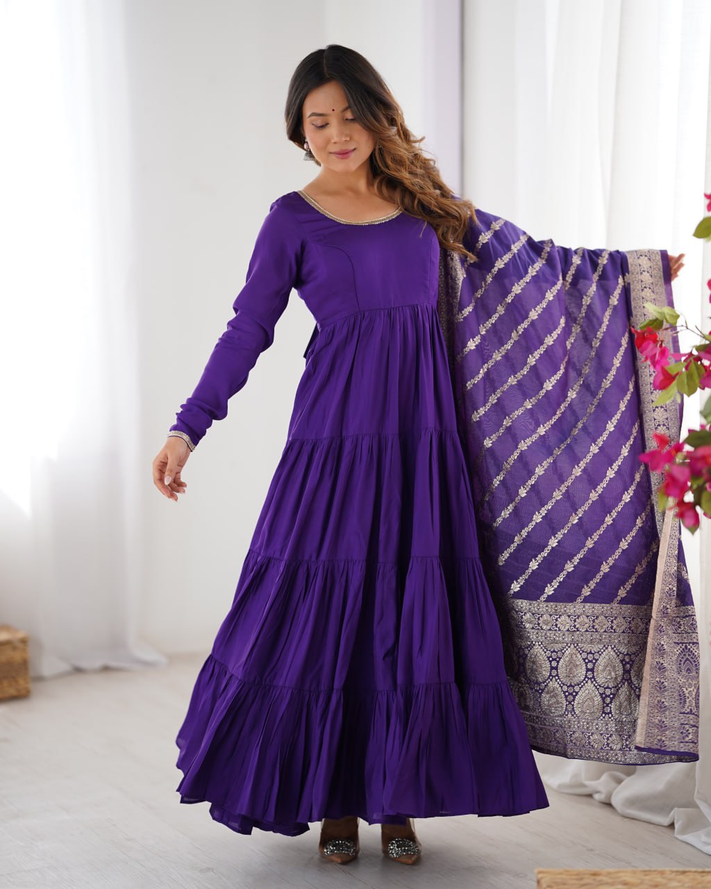 PURPLE Elegant Festive Wear Anarkali Suit – Pure Dupatta & Pant Set