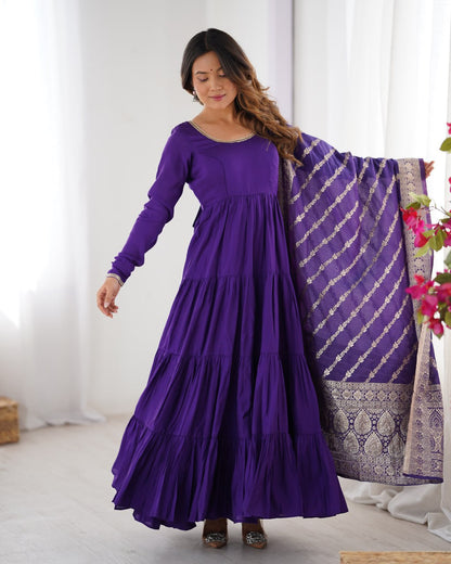 PURPLE Elegant Festive Wear Anarkali Suit – Pure Dupatta & Pant Set