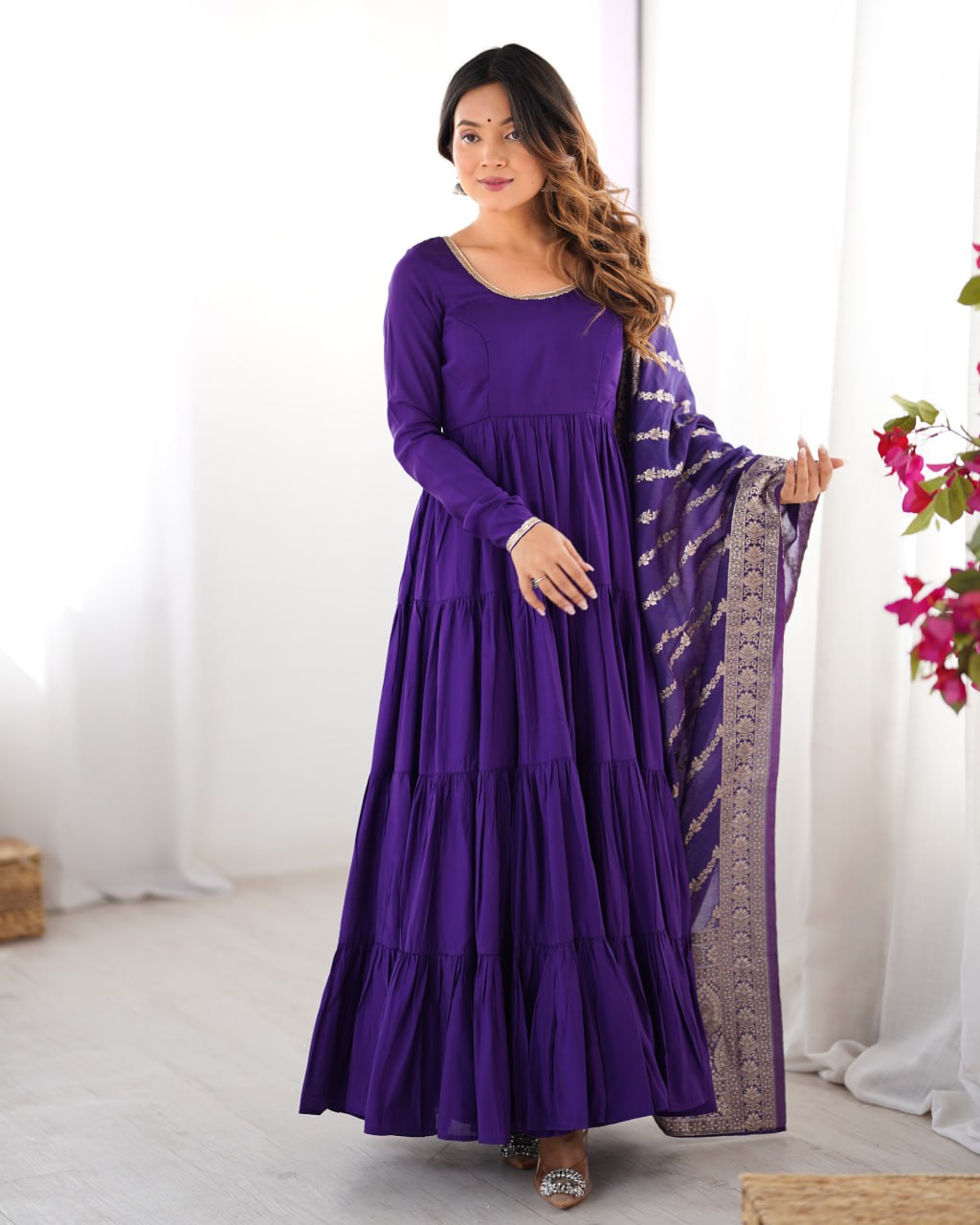 PURPLE Elegant Festive Wear Anarkali Suit – Pure Dupatta & Pant Set