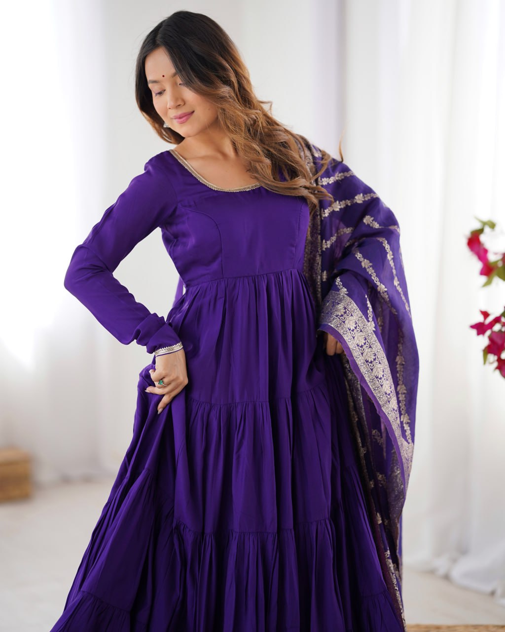 PURPLE Elegant Festive Wear Anarkali Suit – Pure Dupatta & Pant Set
