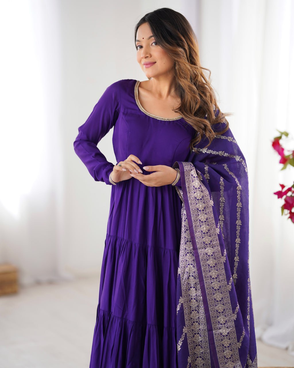 PURPLE Elegant Festive Wear Anarkali Suit – Pure Dupatta & Pant Set