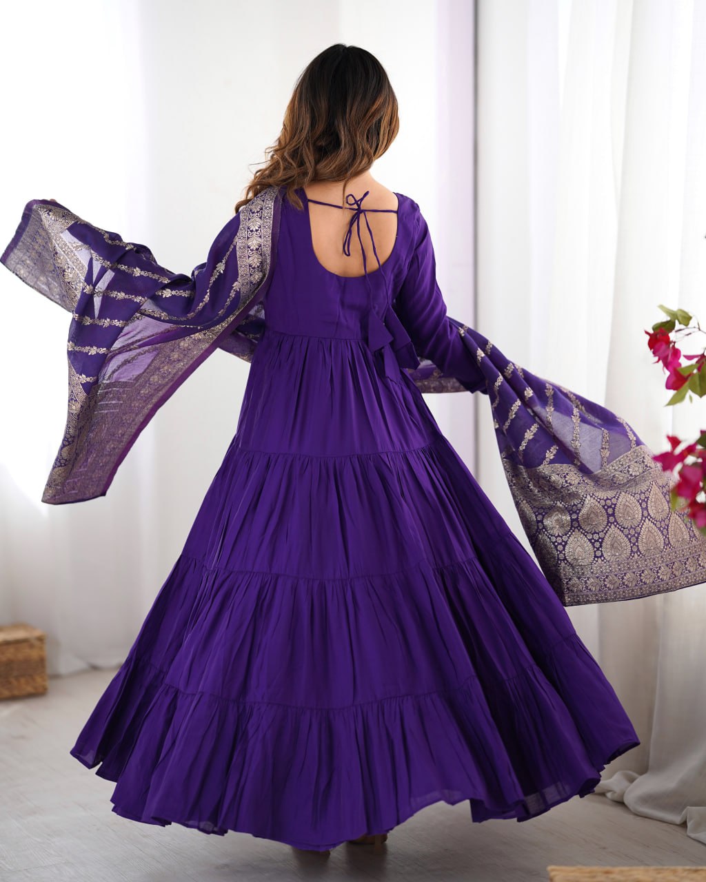 PURPLE Elegant Festive Wear Anarkali Suit – Pure Dupatta & Pant Set